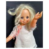 Blonde Fashion Doll in White Linen Dress with Lace Trim, Pink Ribbon & Yellow Shoes