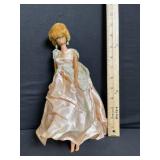 Barbie Doll - Peach Satin Evening Gown with Lace Shoulder Overlay & Pearl Earrings