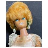 Barbie Doll - Peach Satin Evening Gown with Lace Shoulder Overlay & Pearl Earrings