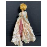 Barbie Doll - Peach Satin Evening Gown with Lace Shoulder Overlay & Pearl Earrings