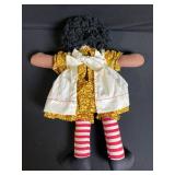 Vintage Cloth Rag Doll - Floral Dress, White Pinafore, Striped Socks