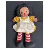 Vintage Cloth Rag Doll - Floral Dress, White Pinafore, Striped Socks