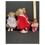 Three Vintage Fashion Dolls Lot - Blue-Striped Dress, Red Tulle Gown, Pink Striped Outfit