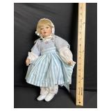 Vintage Baby Doll in Blue Stripe Dress with Bonnet, Lace Socks & White Shoes