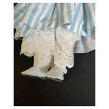 Vintage Baby Doll in Blue Stripe Dress with Bonnet, Lace Socks & White Shoes