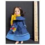 Vintage Cloth Doll - Navy Blue Coat, Yellow Scarf, Patchwork Bag, about 15 in tall