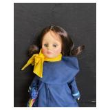 Vintage Cloth Doll - Navy Blue Coat, Yellow Scarf, Patchwork Bag, about 15 in tall