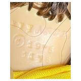 Vintage Cloth Doll - Navy Blue Coat, Yellow Scarf, Patchwork Bag, about 15 in tall