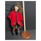 Vintage Christmas Doll - Red Velvet Cape, Green Velvet Dress, Holly Accents
