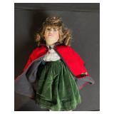 Vintage Christmas Doll - Red Velvet Cape, Green Velvet Dress, Holly Accents