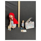 Vintage Cloth Doll Lot - Large Red-Caped Girl, Floral Dress + 2 Mini Dolls + Gift Box