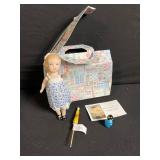 Vintage Cloth Doll Lot - Large Red-Caped Girl, Floral Dress + 2 Mini Dolls + Gift Box