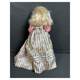 Vintage Fashion Doll in Pink Satin Blouse & Striped Blue-Gray Dress