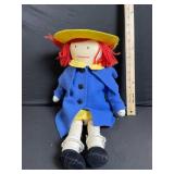Rag Doll Plush - Blue Coat, Yellow Hat, Red Yarn Hair