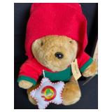 Red-Hooded Teddy Bear Plush with Green Shirt - Star Ornament