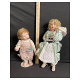 Pair of Vintage Bisque Dolls in Period Dresses - Green Stripe Dress & Pink Stripe Outfit