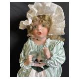 Pair of Vintage Bisque Dolls in Period Dresses - Green Stripe Dress & Pink Stripe Outfit
