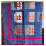 Quilt - Patchwork Blue Blocks with Pink Border, 84 x 74 in, Tropical Back