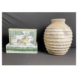 Woodland Scene Tile with Stand & Beige Ribbed Ceramic Vase - Rustic Decor