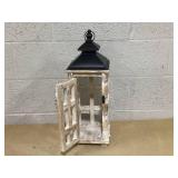 HOMCOM 21" Large Rustic Lantern Decorations, Hanging Wooden Metal Indoor Covered Outdoor Lantern for Home Decor (No Glass), Black and Distressed Natural Wood Color