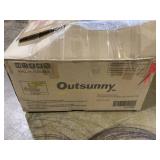 Outsunny 3 Piece Metal Bistro Set, Small Patio Furniture Set with Cushions, Armchairs, Slatted Table for Backyard Balcony, Beige (missing hardware)