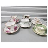Floral Teacups & Saucers Set with Gold Rim - Pink Roses, Green Trim, Blue Vines
