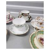 Floral Teacups & Saucers Set with Gold Rim - Pink Roses, Green Trim, Blue Vines