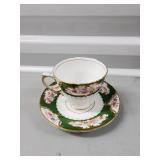 Floral Teacups & Saucers Set with Gold Rim - Pink Roses, Green Trim, Blue Vines