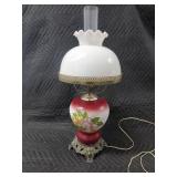 Vintage Painted Glass Rose Table Lamp with Milk-Glass Shade & Ornate Base