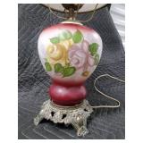 Vintage Painted Glass Rose Table Lamp with Milk-Glass Shade & Ornate Base