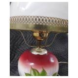 Vintage Painted Glass Rose Table Lamp with Milk-Glass Shade & Ornate Base
