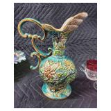 H. Bequet Quaregnon Belgium Majolica Pitcher Vase #265 Turquoise Floral