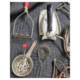 Vintage Irons & Kitchen Tools Lot - Coal & Electric Irons, Whisks, Graters & Presses