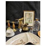 Vintage Brass Pitchers India 729 & England 530 - Candlesticks, Decanter, Framed Nativity Print