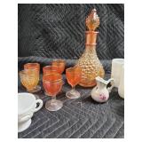 Grapevine Amber Glass Decanter with Stopper + Matching Goblets & White Mugs Set