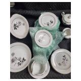 Porcelain Dinnerware Set - Floral Rose Pattern on White with Black Rim and Gold Trim