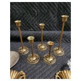 Brass Wall Sconces (2) & Candlesticks (5) with Glass Accents - Vintage Decor Lot