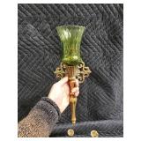 Brass Wall Sconces (2) & Candlesticks (5) with Glass Accents - Vintage Decor Lot