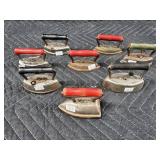 Vintage Flat Irons (Lot of 9) - Wooden Handles, Cast Iron Bodies