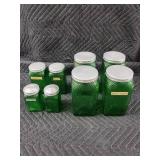 Green Glass Canister Jars with Lids - Coconut, Nuts, and Brown Sugar Labels