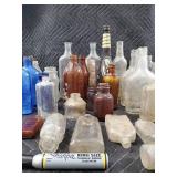 Antique Glass Bottle Lot - Cobalt Blue Embossed Medicine Bottle with Assorted Clear & Amber Bottles