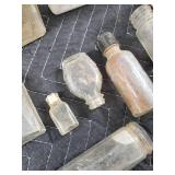 Antique Glass Bottle Lot - Cobalt Blue Embossed Medicine Bottle with Assorted Clear & Amber Bottles