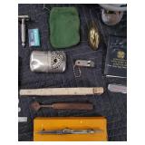 Vintage Tools & Collectibles Lot - Calipers, Pocket Knife, Razor Blades, Metal Mugs & Duck Figurine