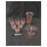 Pink Glassware Set - 6 Small Goblets, 1 Tall Goblet & Cake Stand with Lid