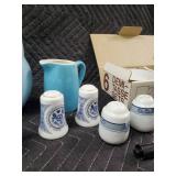 Blue Ceramic Pitcher Lot - Includes 6 Demitasse Sets, Salt Shakers & Glassware