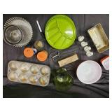 Vintage Kitchenware Lot: 5 Lime-Green Plates, Green Goblet, Muffin Pan, Kraft Decorator Box