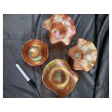 Amber Carnival Glass Bowls - Leaf & Floral Etched Pattern, 4-Piece Set