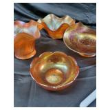 Amber Carnival Glass Bowls - Leaf & Floral Etched Pattern, 4-Piece Set