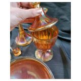 Orange Iridescent Carnival Glass Compote Set with Lidded Pedestals and Plate