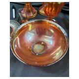 Orange Iridescent Carnival Glass Compote Set with Lidded Pedestals and Plate
